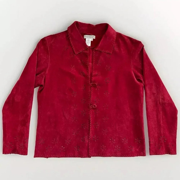 Coldwater Creek Jackets & Blazers - Coldwater Creek Red Suede Leather Jacket Medium Floral Eyelet Cut Outs Western